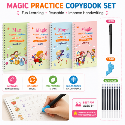 Magic Copybook for Kids – 4 Books Set with Grip & 10 Refills