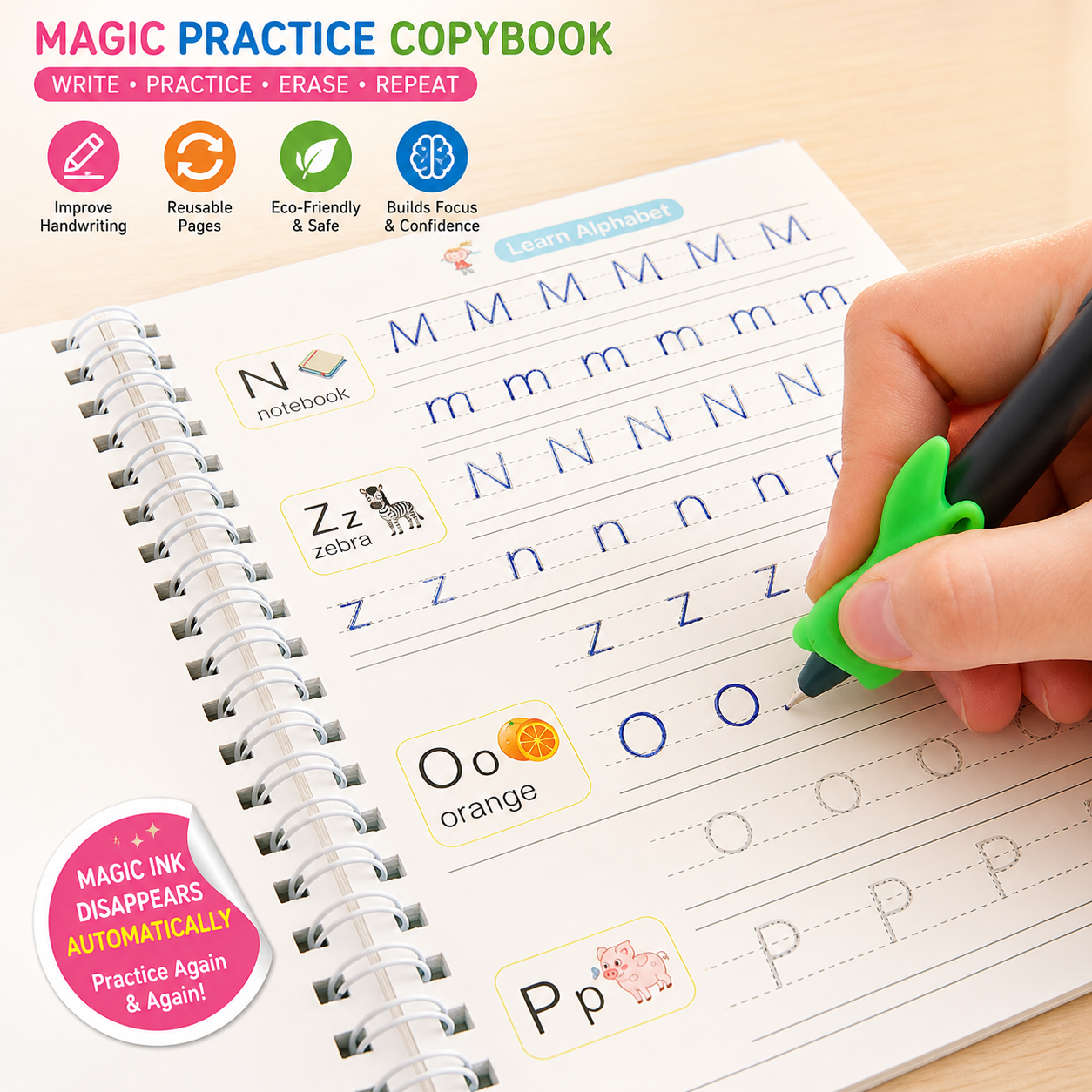 Magic Copybook for Kids – 4 Books Set with Grip & 10 Refills