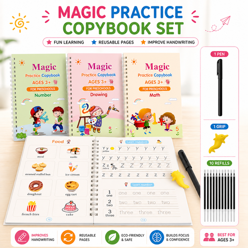 Magic Copybook for Kids – 4 Books Set with Grip & 10 Refills