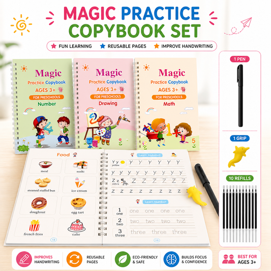 Magic Copybook for Kids – 4 Books Set with Grip & 10 Refills